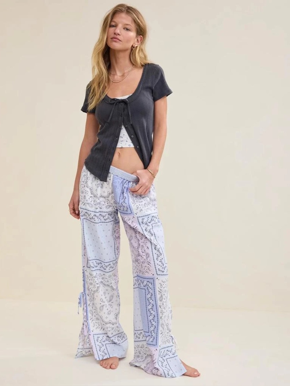 2/$25 🩷Aerie Seersucker Bandanna Print Side Tie Pyjama Pants